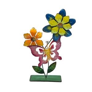 Metal Colorful Butterfly and Flowers with Glitter Accents Out Door Yard Lawn Art